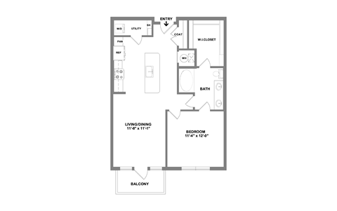 Floor plan for 1 bed, 1 bath, 760 sqft