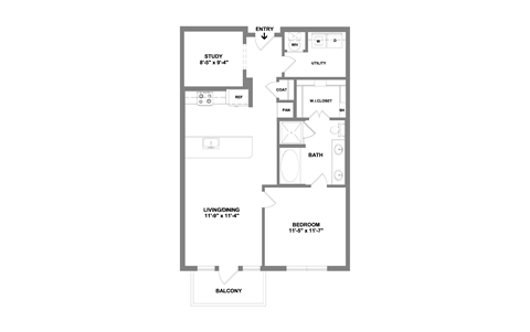 Floor plan for 1 bed, 1 bath, 821 sqft