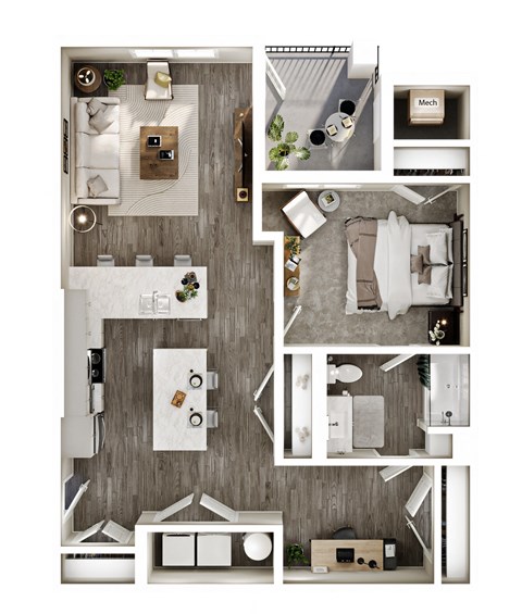 Floor plan for 1 bed, 1 bath, 990 sqft