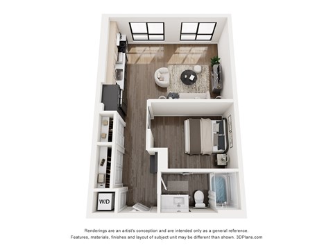 Floor plan for studio, 1 bath, 678 sqft