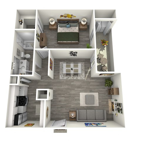 Floor plan for 1 bed, 1 bath, 689 sqft