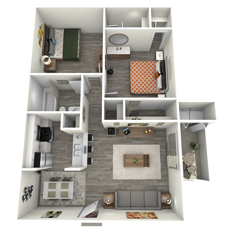 Floor plan for 2 beds, 1 bath, 864 sqft