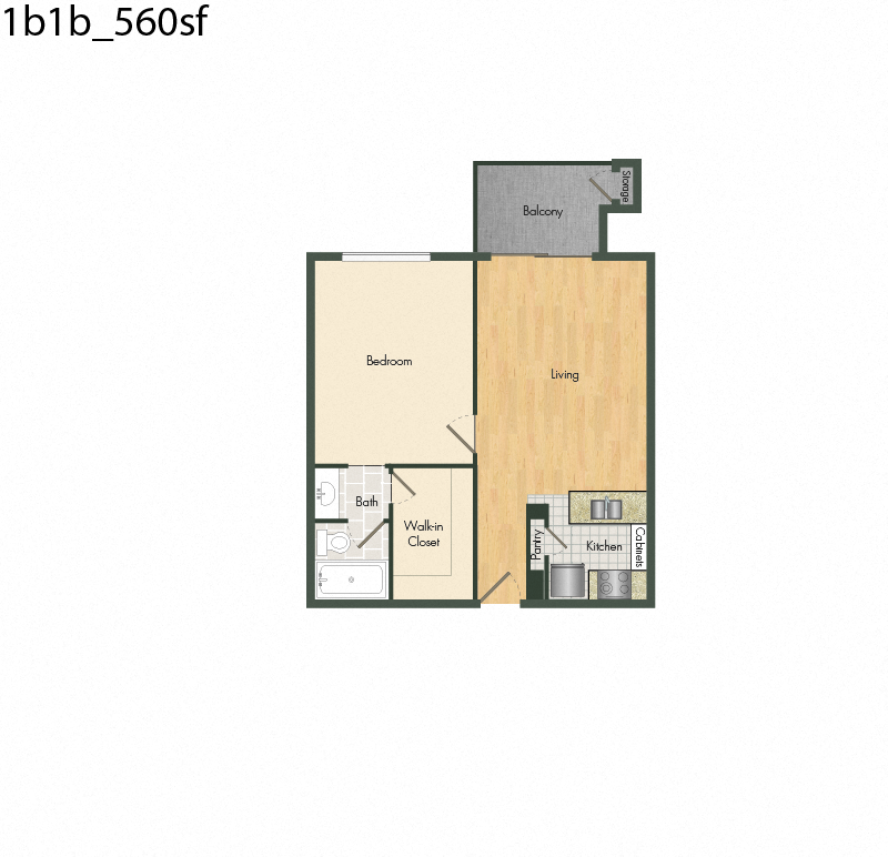 Floor plan for 1 bed, 1 bath, 560 sqft