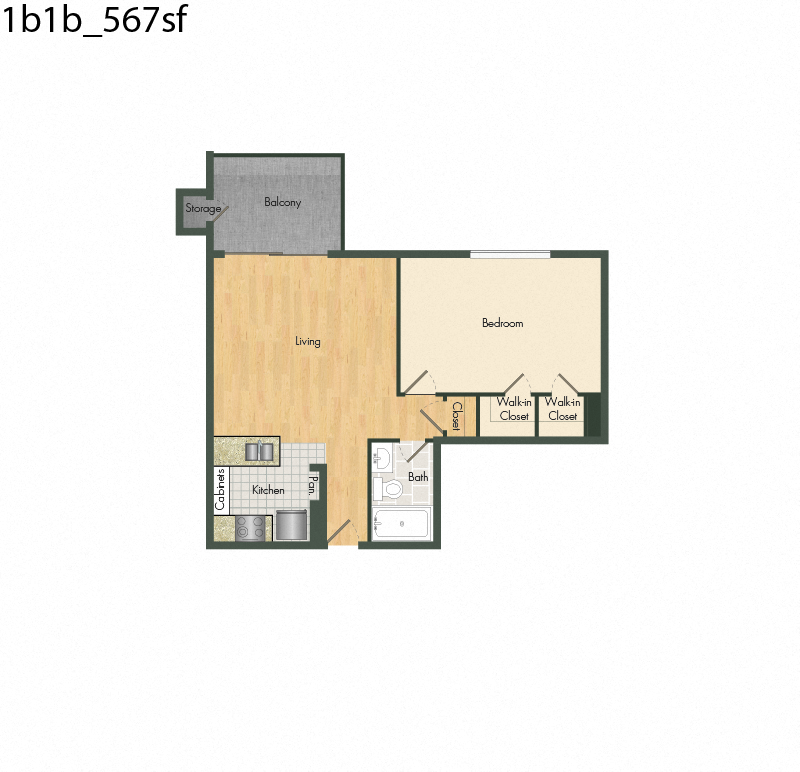 Floor plan for 1 bed, 1 bath, 567 sqft