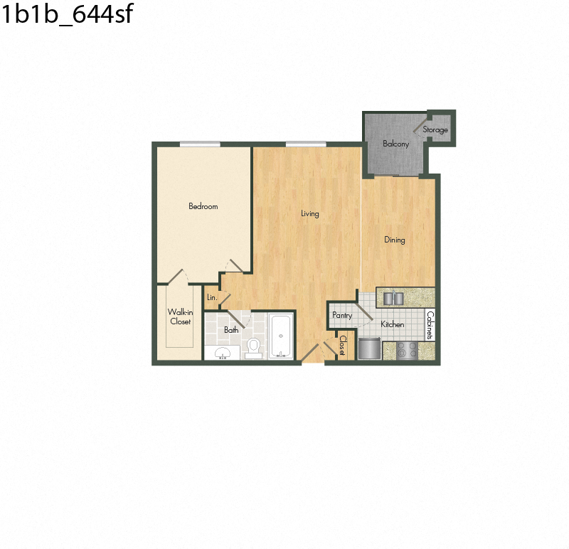Floor plan for 1 bed, 1 bath, 644 sqft