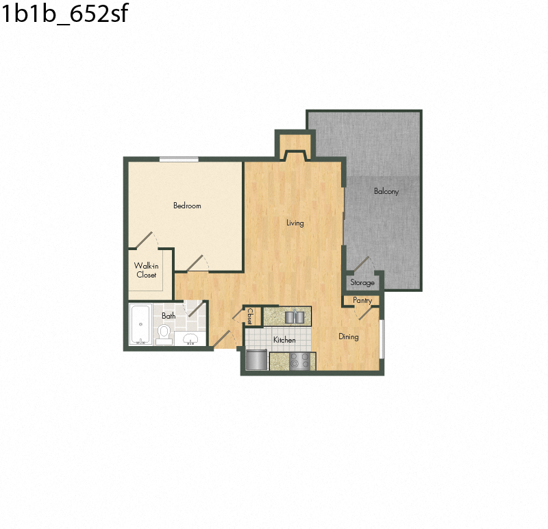 Floor plan for 1 bed, 1 bath, 652 sqft