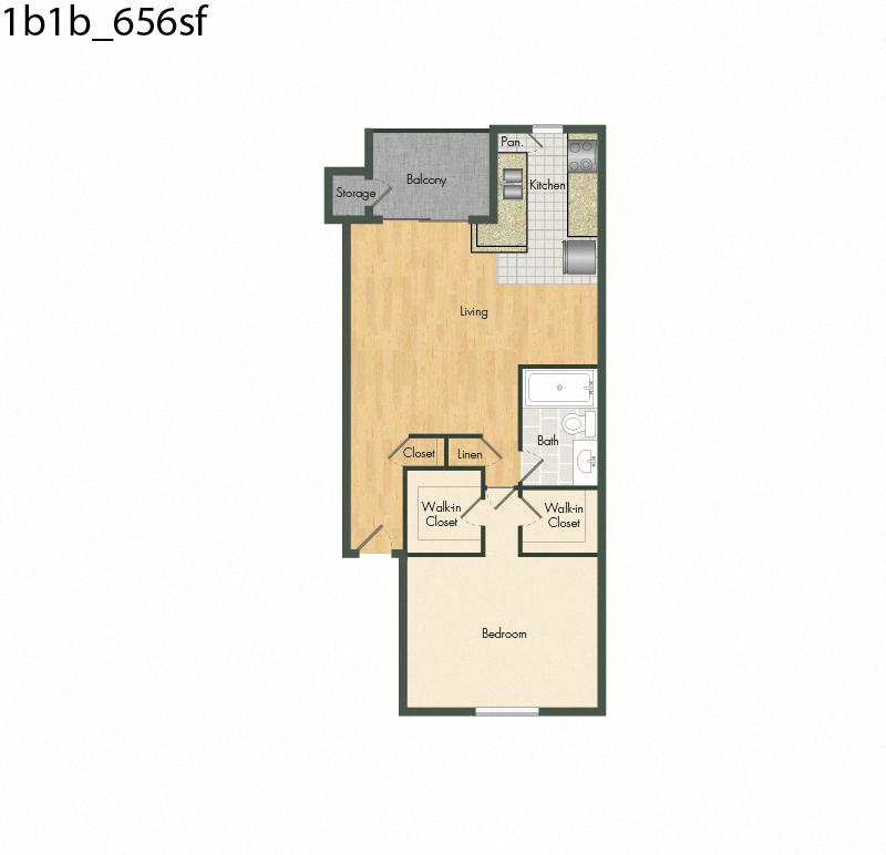 Floor plan for 1 bed, 1 bath, 656 sqft
