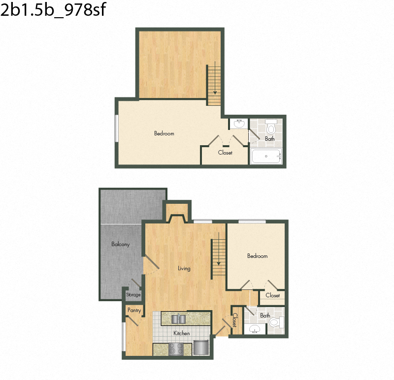Floor plan for 2 beds, 2 baths, 978 sqft