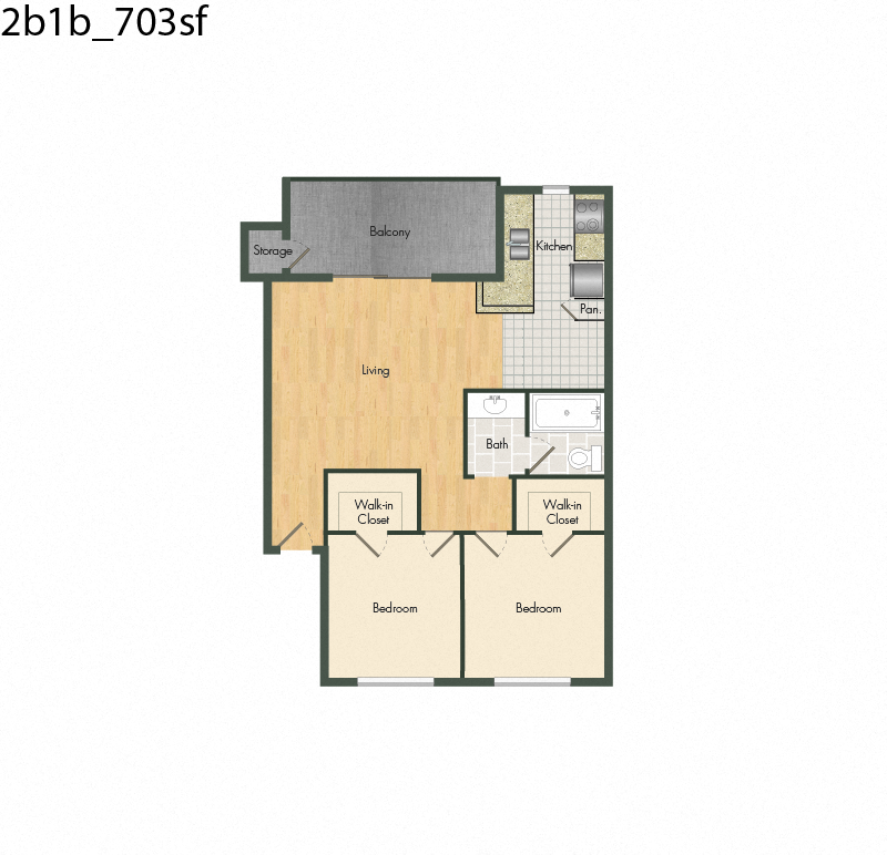 Floor plan for 2 beds, 1 bath, 703 sqft