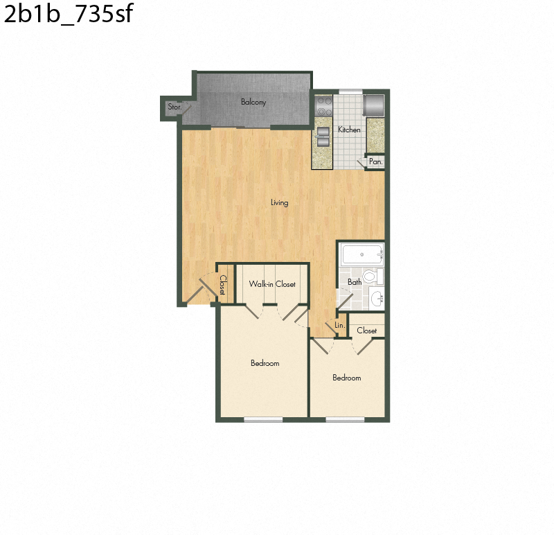 Floor plan for 2 beds, 1 bath, 735 sqft