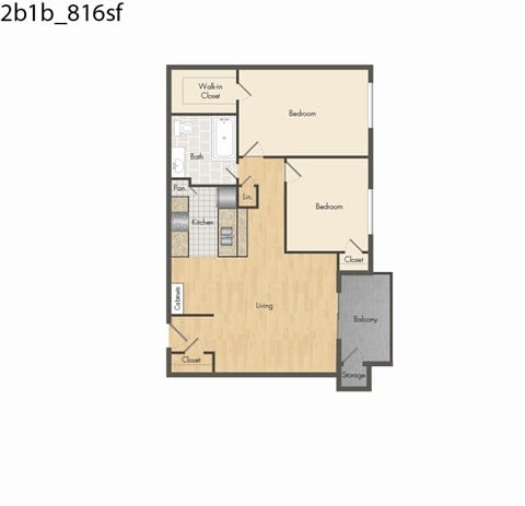Floor plan for 2 beds, 1 bath, 816 sqft