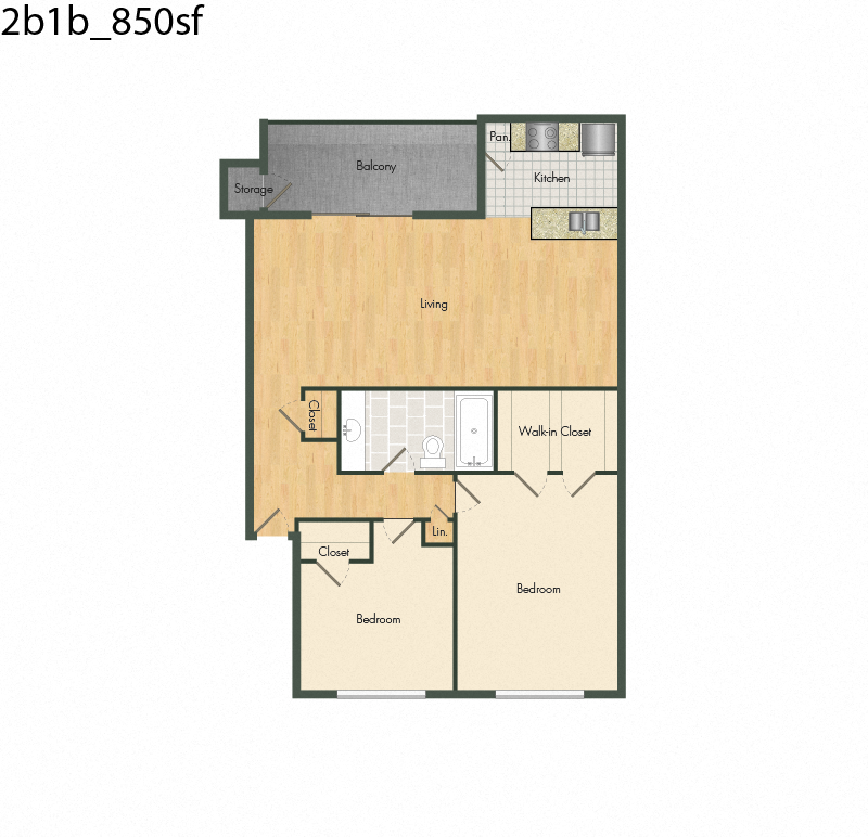 Floor plan for 2 beds, 1 bath, 850 sqft
