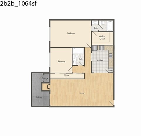 Floor plan for 2 beds, 2 baths, 1064 sqft