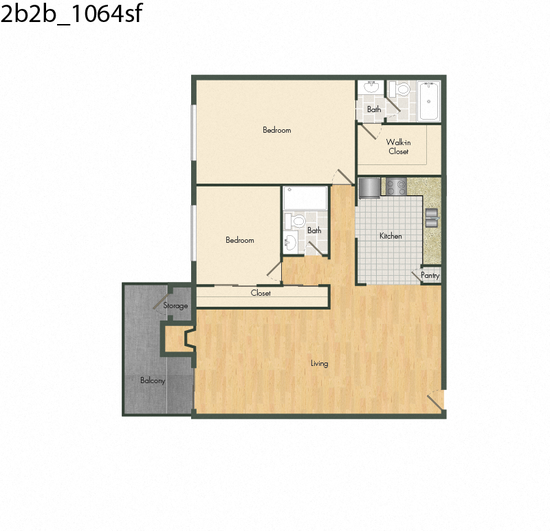 Floor plan for 2 beds, 2 baths, 1064 sqft