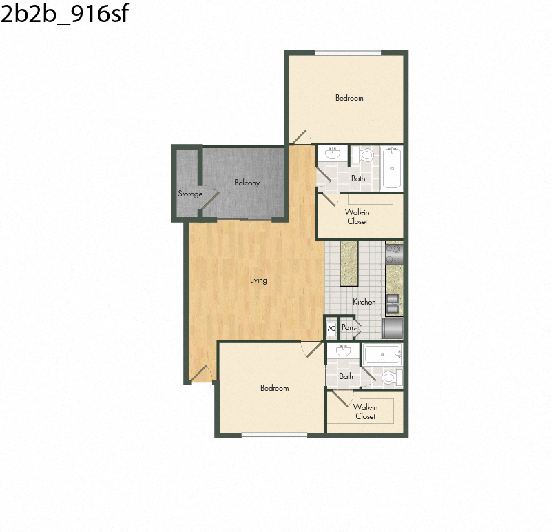 Floor plan for 2 beds, 2 baths, 916 sqft