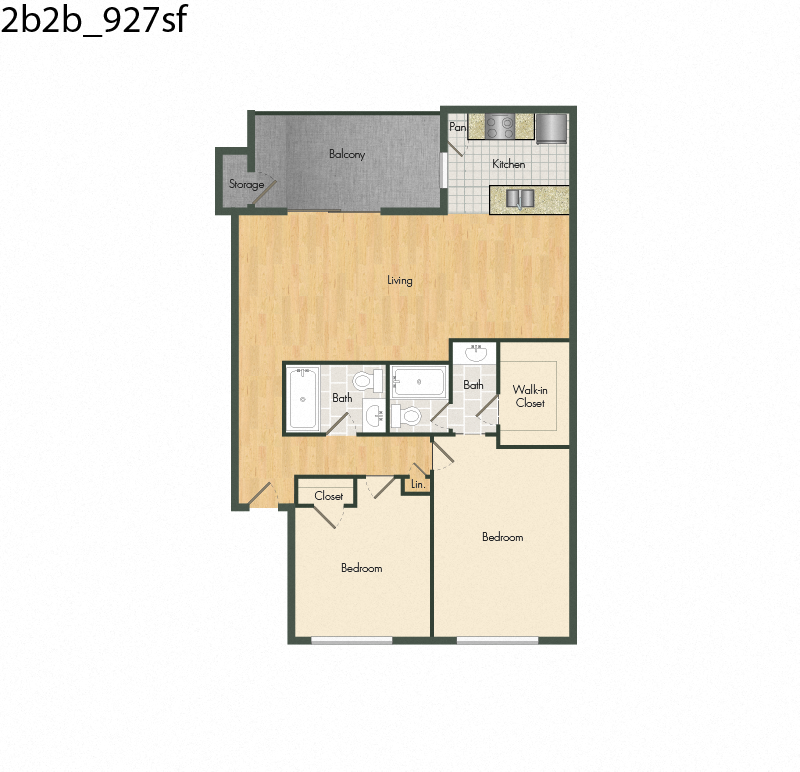 Floor plan for 2 beds, 2 baths, 927 sqft