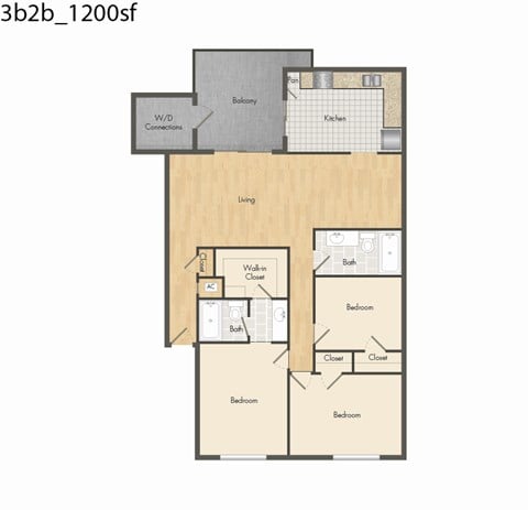 Floor plan for 3 beds, 2 baths, 1200 sqft