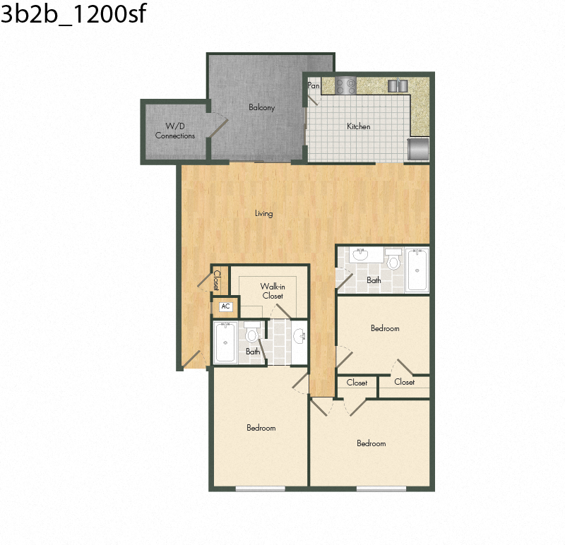 Floor plan for 3 beds, 2 baths, 1200 sqft