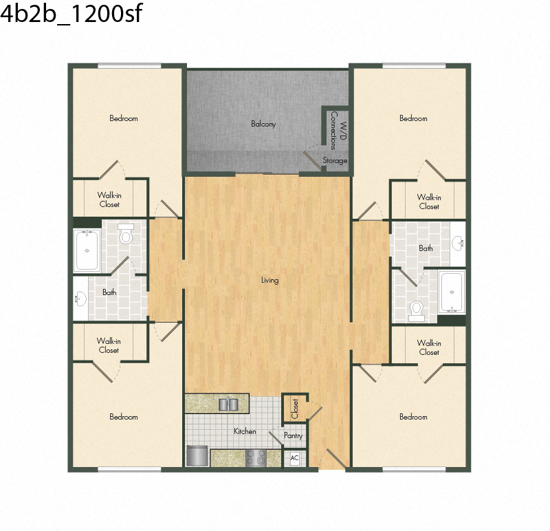 Floor plan for 4 beds, 2 baths, 1220 sqft