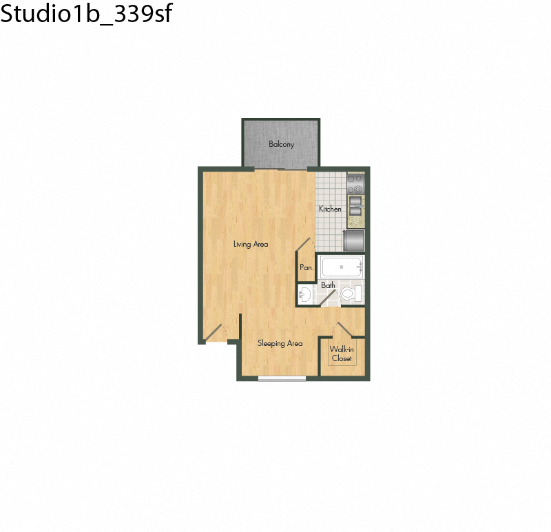 Floor plan for studio, 1 bath, 399 sqft