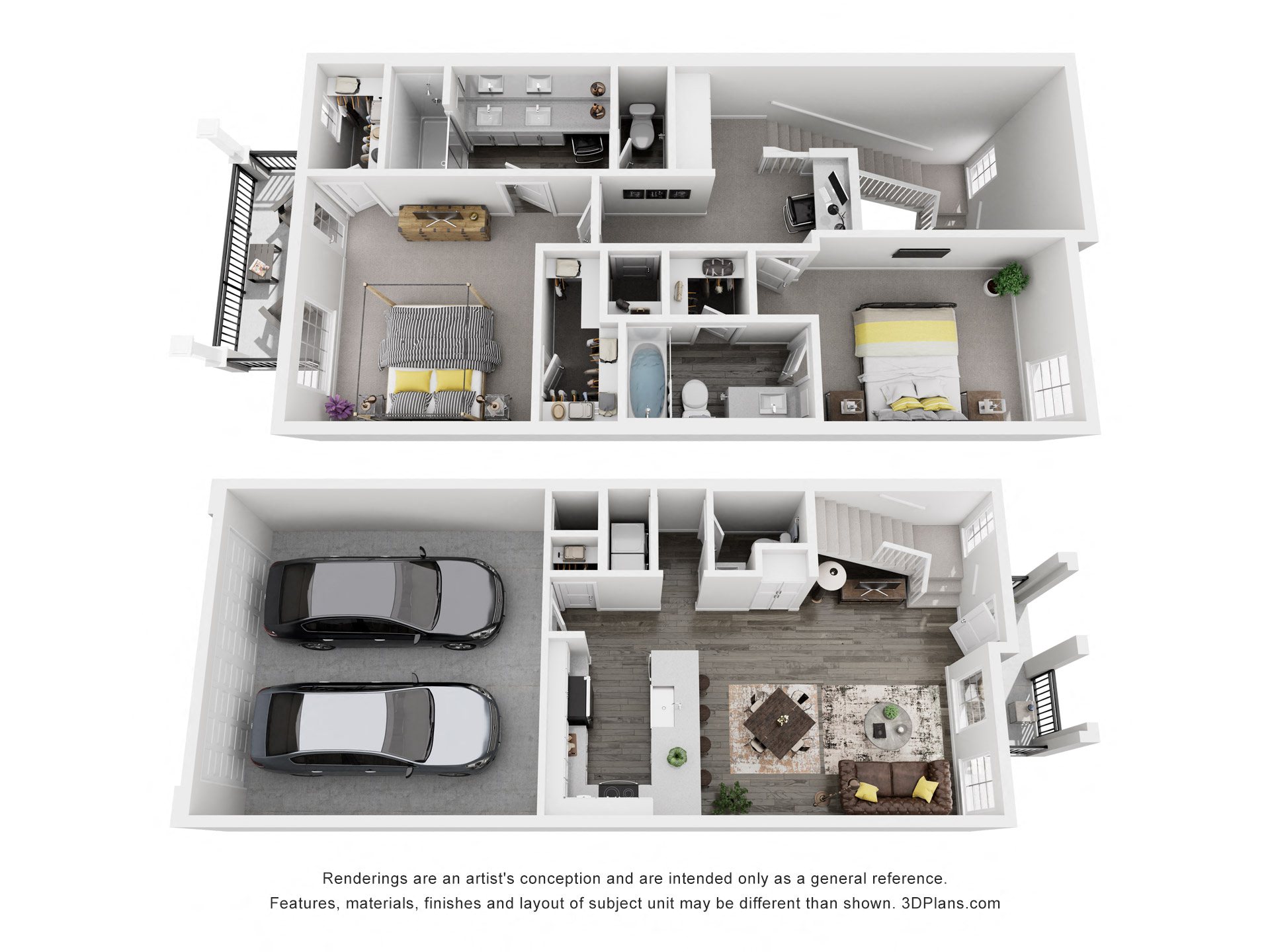 Floor plan for 2 beds, 2.5 baths, 1320 sqft