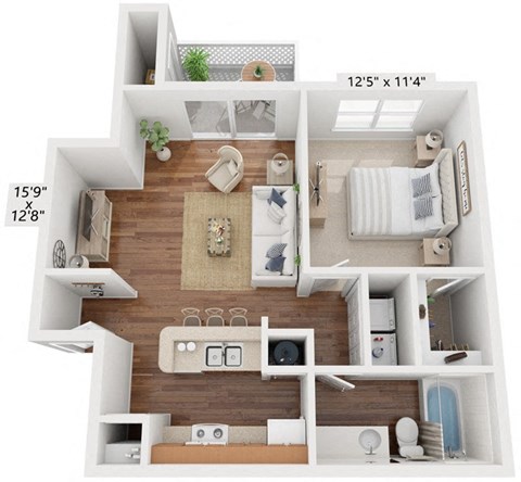 Floor plan for 1 bed, 1 bath, 659 sqft