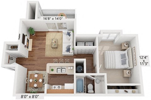Floor plan for 1 bed, 1 bath, 742 sqft