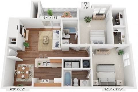Floor plan for 2 beds, 2 baths, 855 sqft