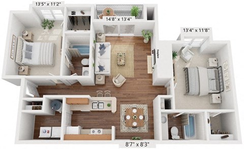 Floor plan for 2 beds, 2 baths, 1030 sqft