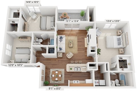 Floor plan for 3 beds, 2 baths, 1240 sqft
