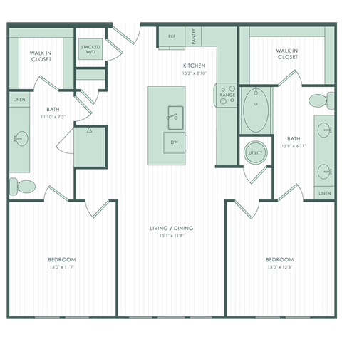 Floor plan for 2 beds, 2 baths, 1134 sqft