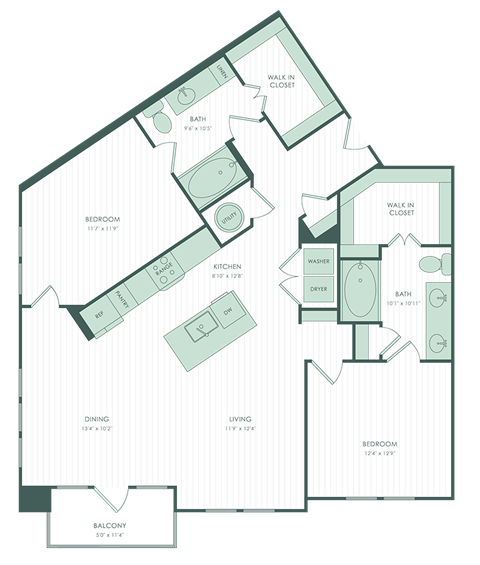 Floor plan for 2 beds, 2 baths, 1363 sqft