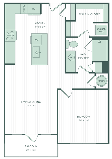 Floor plan for 1 bed, 1 bath, 750 sqft