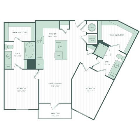 Floor plan for 2 beds, 2 baths, 1069 sqft