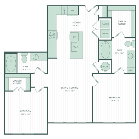 Floor plan for 2 beds, 2 baths, 1051 sqft