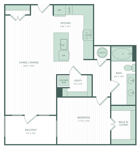 Floor plan for 1 bed, 1 bath, 912 sqft
