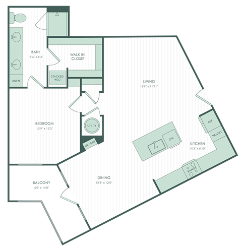 Floor plan for 1 bed, 1 bath, 892 sqft