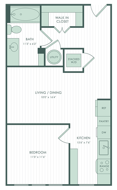 Floor plan for studio, 1 bath, 612 sqft