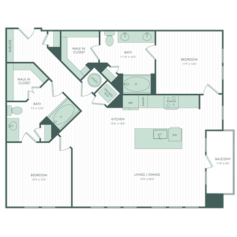 Floor plan for 2 beds, 2 baths, 1349 sqft