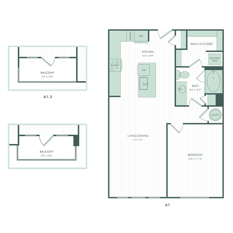 Floor plan for 1 bed, 1 bath, 774 sqft