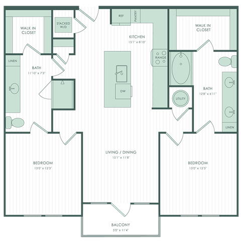 Floor plan for 2 beds, 2 baths, 1197 sqft