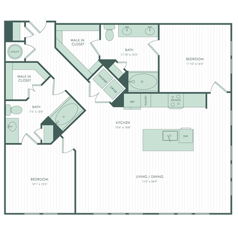 Floor plan for 2 beds, 2 baths, 1292 sqft
