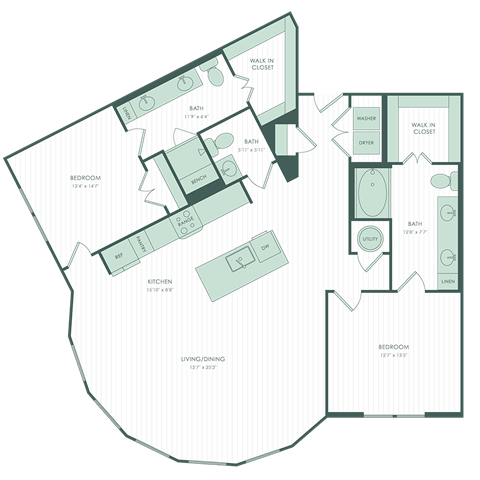 Floor plan for 2 beds, 2 baths, 1433 sqft