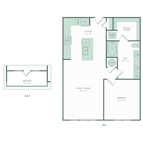 Floor plan for 1 bed, 1 bath, 890 sqft