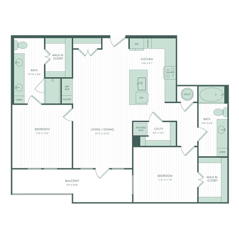 Floor plan for 2 beds, 2 baths, 1234 sqft