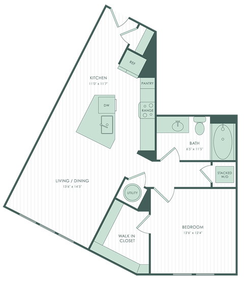 Floor plan for 1 bed, 1 bath, 792 sqft