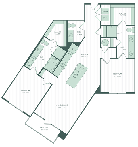 Floor plan for 2 beds, 2 baths, 1445 sqft