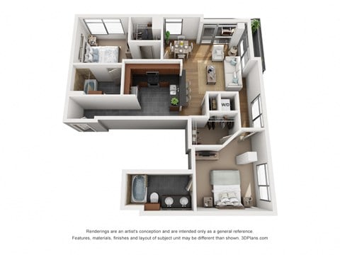 Floor plan for 2 beds, 2 baths, 1280 sqft