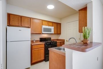 Amarillo apartment for rent - A kitchen with a white refrigerator, wooden cabinets, and a black stove top oven.