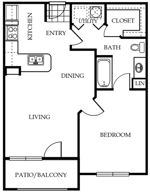 Floor plan for 1 bed, 1 bath, 663 sqft